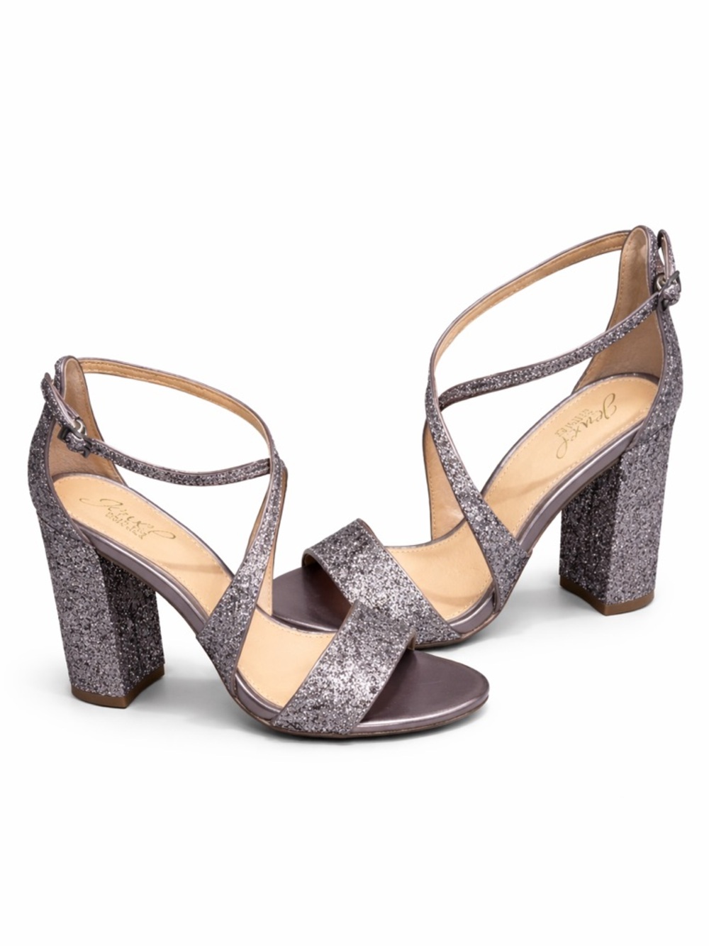 Jewel Badgley Mischka Women's 9 Silver Glitter Block Heel‎ Sandals NIB Wedding